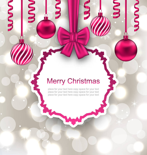 Greeting Paper Card with Bow Ribbon and Christmas Balls - Photo, Image