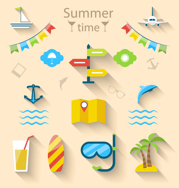 Flat colorful set icons of travel on holiday journey, tourism ob - Foto, Imagen