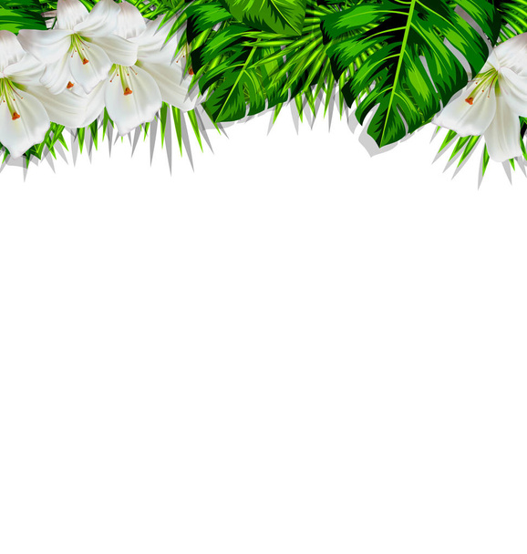 Frame branch tropical leaves and white flowers lily - Foto, Imagem