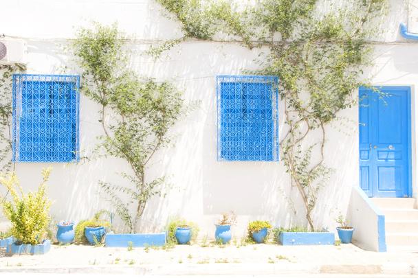 jellegzetes fehér tunéziai építészeti Tunézia Afrika Sidi Bou Said - Fotó, kép