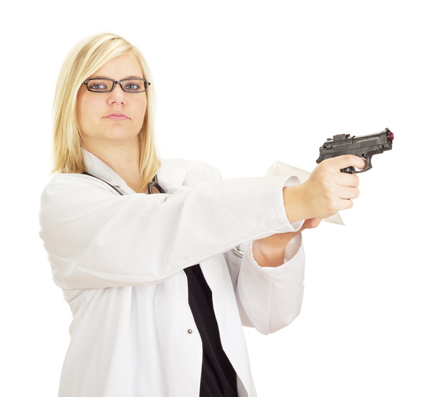 Medical doctor with a gun and drugs - Foto, Bild