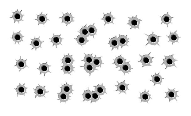 set of bullet holes, black and grey color, isolated - Vector, Image