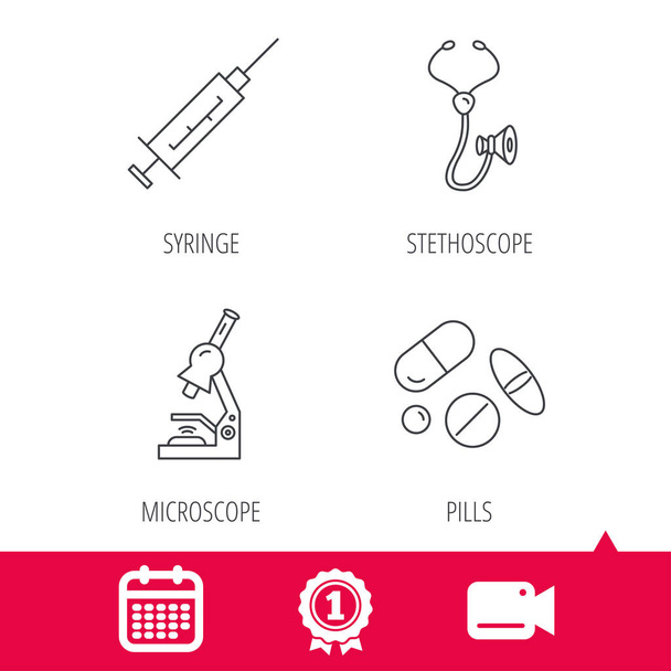 Syringe, stethoscope and microscope icons. - Вектор, зображення