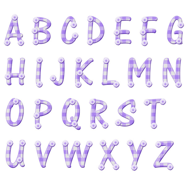 fioletowy bawełniany materiał w kratkę i kwiat liter alfabetu - Zdjęcie, obraz