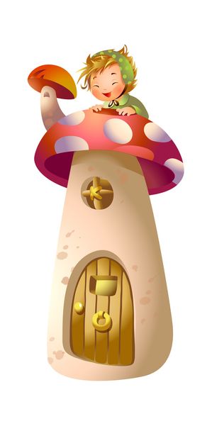 Мальчик на крыше грибного домика
 - Вектор,изображение
