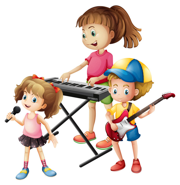 Niños tocando instrumentos musicales juntos
 - Vector, imagen