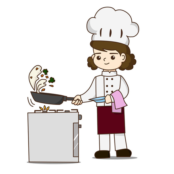 Krásné šéfkuchař připravující lahodné jídlo, ona házet jídlo v pánvi - Vektor, obrázek