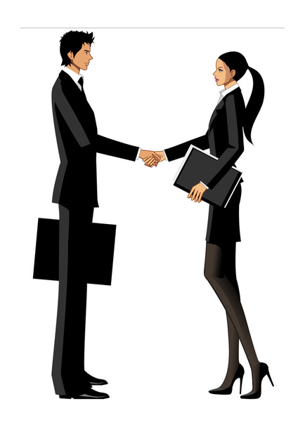 zakenman en vrouw schudden handen - Vector, afbeelding