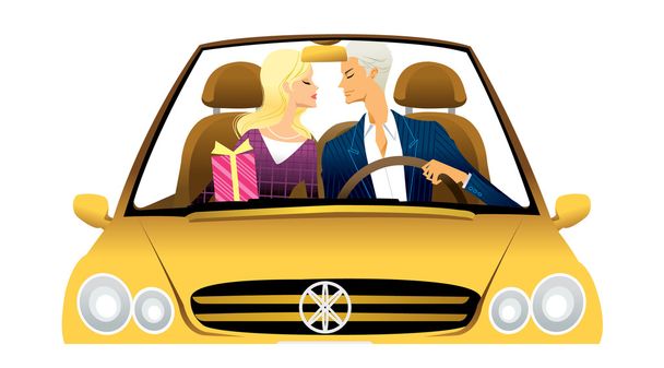 Young couple driving convertible car - Vector, Image