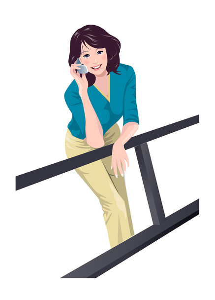 Retrato de una mujer apoyada en una barandilla y hablando por teléfono móvil
 - Vector, imagen
