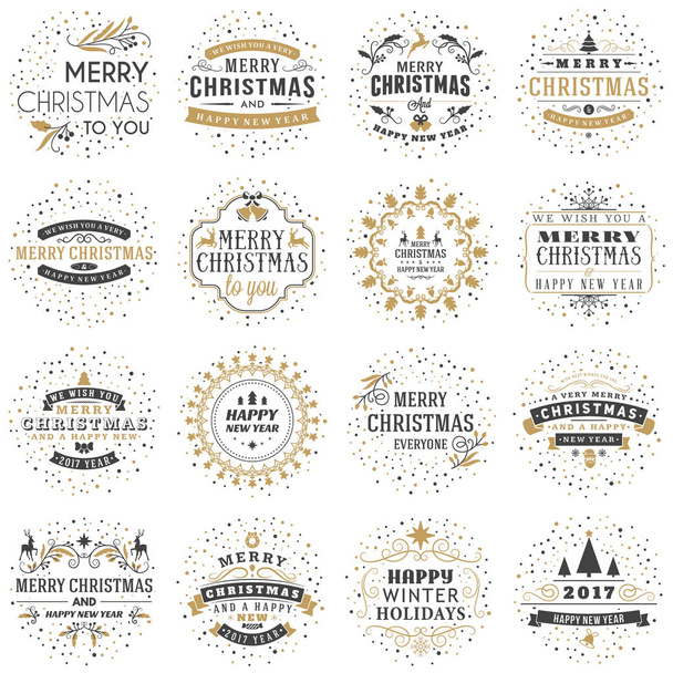 Set de Feliz Navidad y Feliz Año Nuevo Insignias Decorativas para Tarjetas de felicitación o Invitaciones. Ilustración vectorial. Elementos de diseño tipográfico. Tema de color dorado y negro
 - Vector, imagen