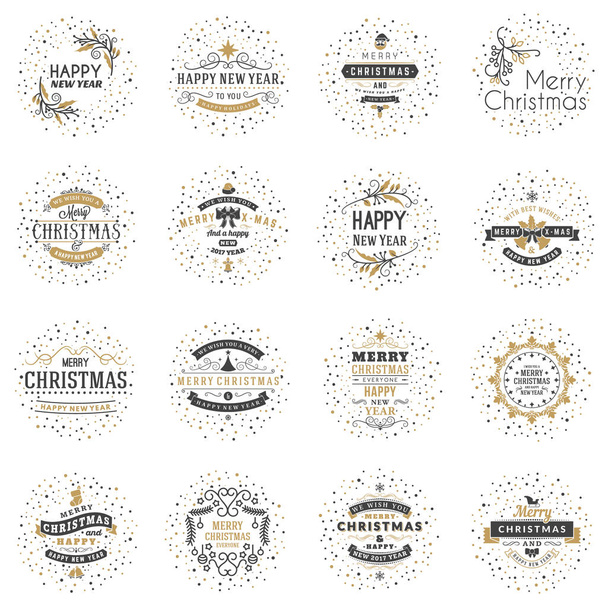 Készlet-boldog karácsonyt és boldog új évet dekoratív jelvények-Üdvözlet kártyákat vagy meghívók. Vektoros illusztráció. Nyomdai Design elemek. Arany és fekete színű téma - Vektor, kép