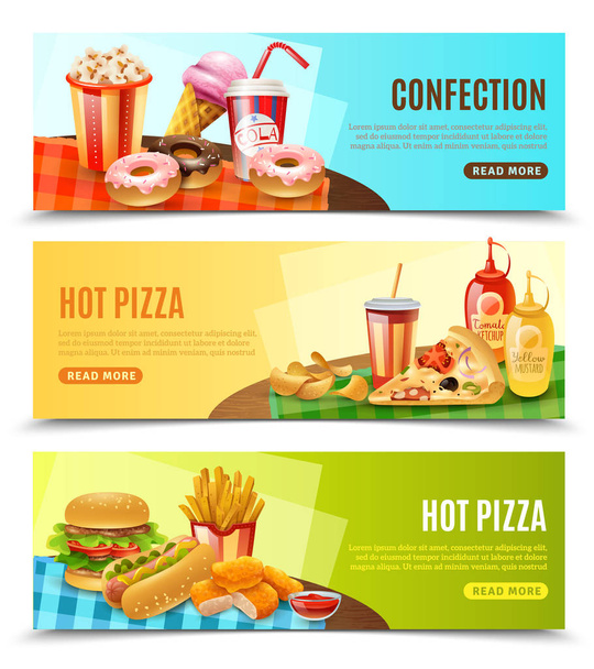  Fast Food Horizontale Banner Set  - Vektor, Bild
