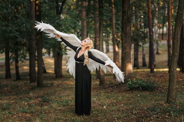 Gefallener schwarzer Engel mit Flügeln im Zauberwald. sexuelle Frau - Foto, Bild