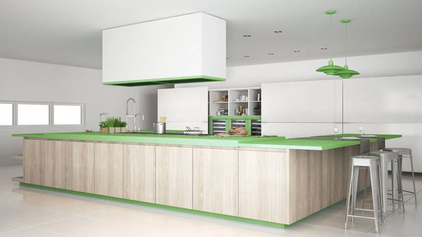 Minimalistic white kitchen with wooden and green details, minima - Photo, Image