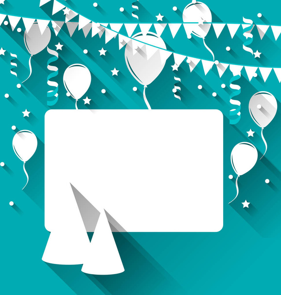 Festkarte mit Party-Hüten, Luftballons, Konfetti und hängen - Foto, Bild