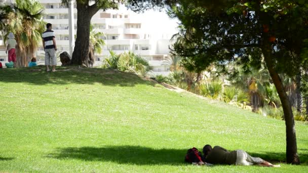 Man rust liggen in de schaduw van een boom in een park in de zomer - Video
