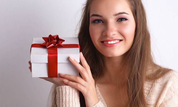 Young woman happy smile hold gift box in hands - Foto, Imagem