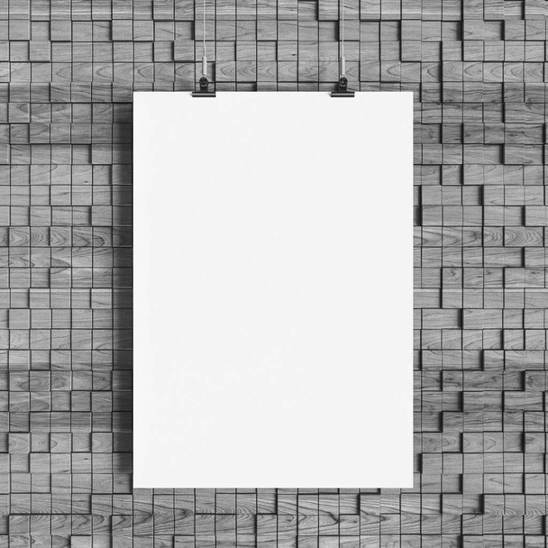 Μαύρο και άσπρο χαρτί πρότυπο κενό αφίσα κρέμεται πάνω από τον τοίχο. 3D απεικόνιση - Φωτογραφία, εικόνα