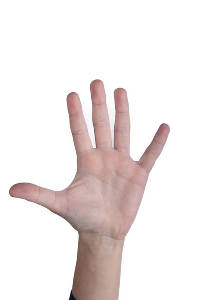 Paume humaine et cinq doigts en l'air. Isoler
 - Photo, image