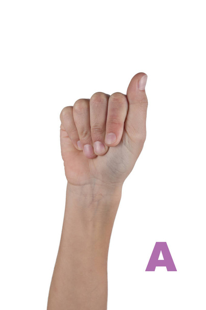 Finger Spelling the Alphabet in Sign Language. Alphabet. Isolated - Zdjęcie, obraz