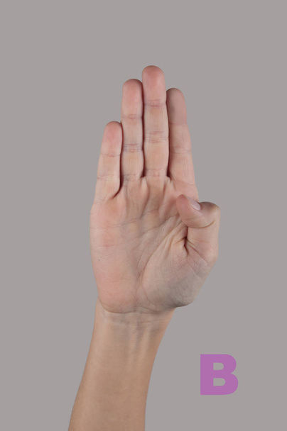 Finger Spelling Alphabet. Carta B sobre fundo cinzento
 - Foto, Imagem