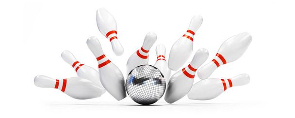 Bowlingschlag Discokugel auf weißem Hintergrund. 3D-Abbildungen - Foto, Bild