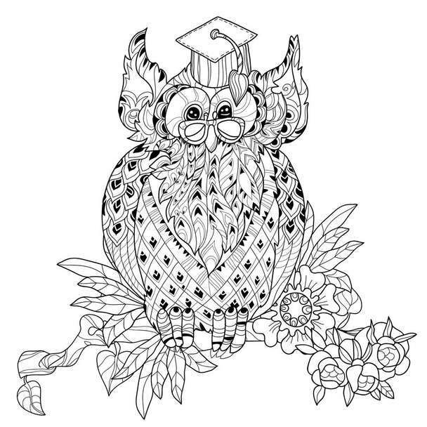 Old Owl on tree branch - hand drawn doodle vector - Vector, Image