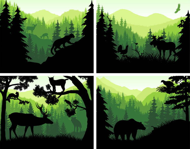 conjunto de vectores montañas bosques animales siluetas en plantillas de puesta del sol
 - Vector, Imagen