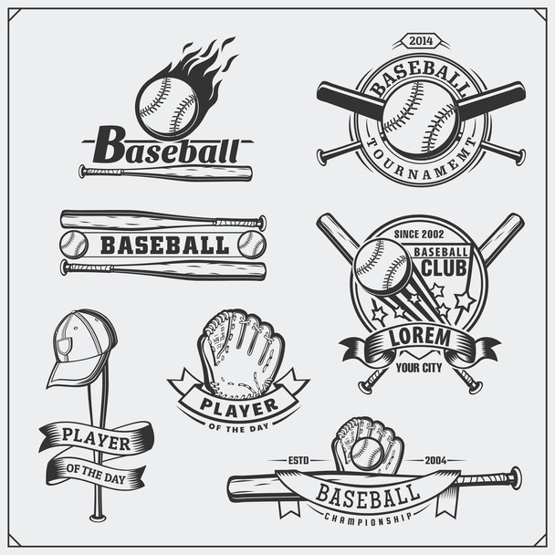 Baseball club emblems, labels and design elements. Baseball player, balls, helmets and bats. Baseball player, ball, helmet, glove and bat. - Vector, Image