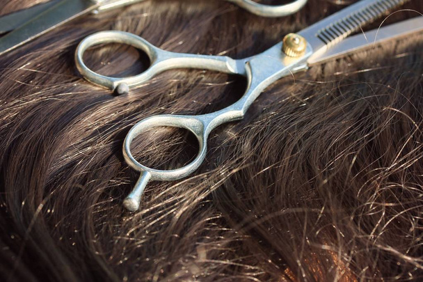 Tijeras de peluquero en el cabello
 - Foto, imagen