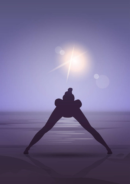 Girl Yoga Position Sport Fitness Woman Exercise Workout Silhouette In Moon Light - ベクター画像