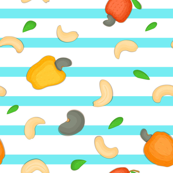 カシュー ナッツのシームレス パターン。おいしいナッツ、葉と青の縞模様の背景。ファブリック上の印刷、テキスタイル デザイン パッケージのイラストを使用できます。, - ベクター画像