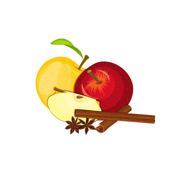 Dibujo vectorial de unas manzanas con especias. Manzana amarilla y roja frutas anís canela Grupo sabroso diseño colorido para el jugo de embalaje, desayuno, alimentación saludable, vegetarianismo
 - Vector, imagen