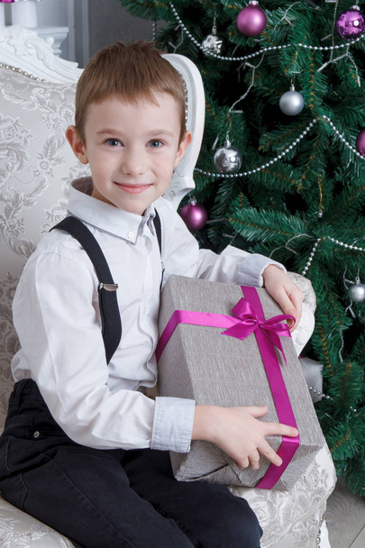 Smiling boy with present under Christmas tree - Fotoğraf, Görsel