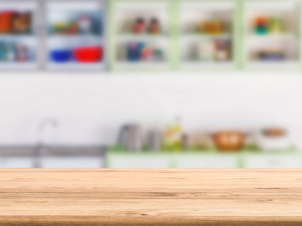 mostrador de madera con fondo de armario de cocina
 - Foto, Imagen