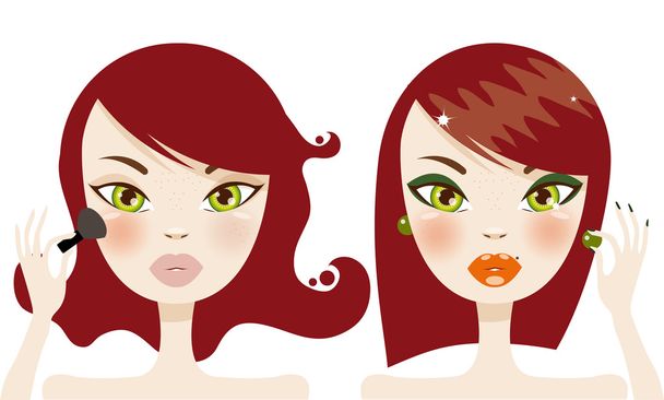 Cute redhead woman before and after makeup - Vecteur, image