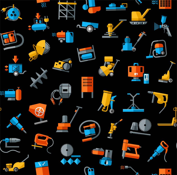 Construction equipment and tools, seamless background, black, colored.  - Vektor, Bild