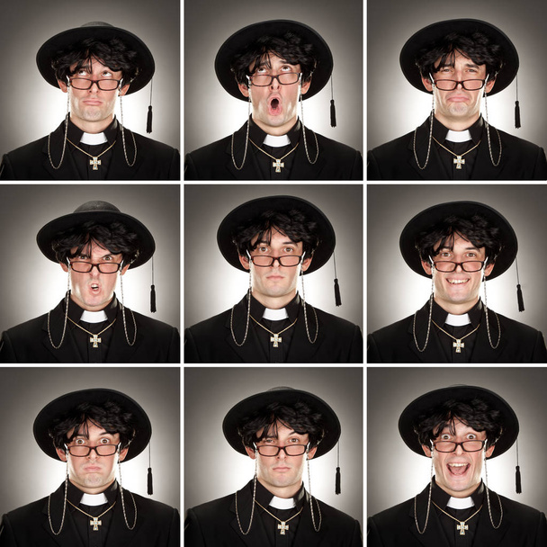 caucasian christian religion priest man square collection set of face expression like happy, sad, angry, surprise, yawn on gray - 写真・画像