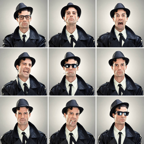 elegant vintage caucasian man with coat collection set of face expression like happy, sad, angry, surprise, yawn on grey background - 写真・画像