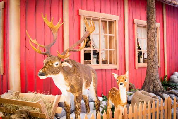 opgezette dieren achter houten hek - Foto, afbeelding