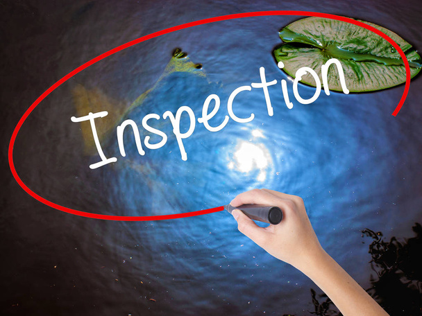Woman Hand Writing Inspection with marker over transparent board - Photo, Image