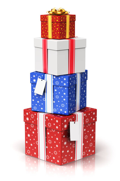Σωρός από δώρο ή παρούσα κουτιά με κορδέλα τόξα και ετικέτα Ετικέτες - Φωτογραφία, εικόνα