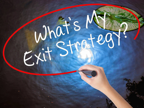 Frau Hand schreibt, was ist meine Exit-Strategie? mit Marker über tra - Foto, Bild
