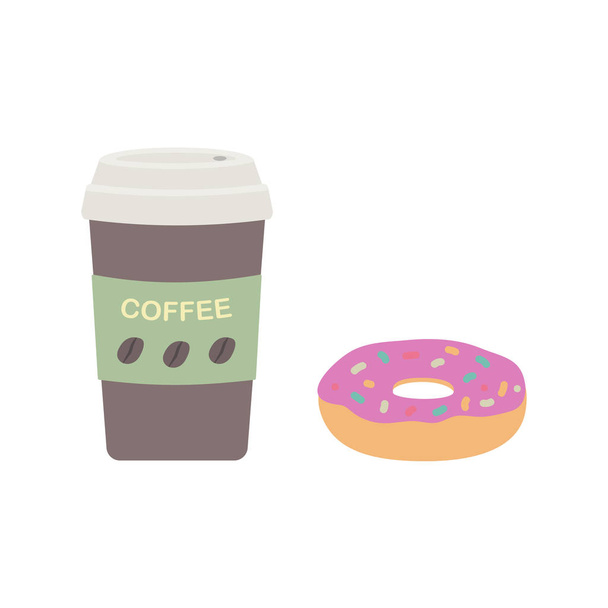 eine Kaffeetasse mit Deckel und einem glasierten Donut. Frühstück im Café. - Vektor, Bild