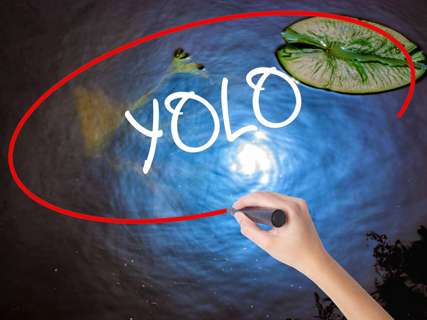 Mulher mão escrevendo YOLO (Você só vive uma vez) com marcador sobre tr
 - Foto, Imagem