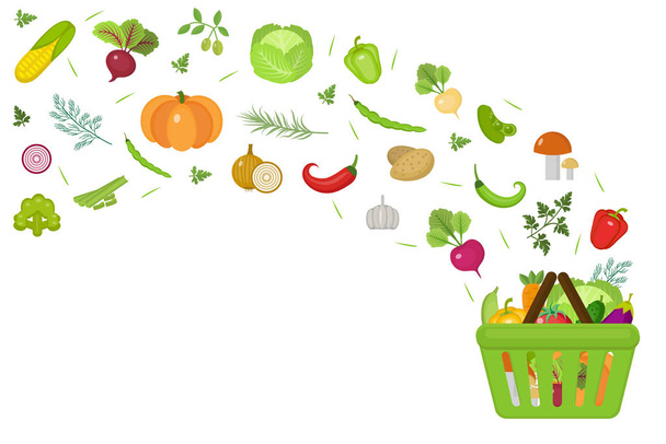 Shopping basket with fresh vegetables. Flat design. Banner space for text, isolated on white background. Healthy lifestyle, vegan or vegetarian diet, raw foods. Vector illustration - Vector, Image