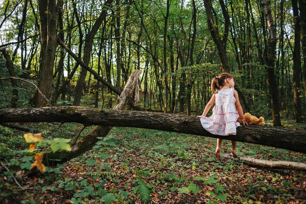 κοριτσάκι παίζει με την αρκούδα στο δάσος. κορίτσι που κάθεται στο  - Φωτογραφία, εικόνα