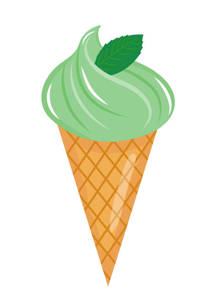 Cône de crème glacée avec icône de menthe style dessin animé plat. Isolé sur fond blanc. Illustration vectorielle, clip art
 - Vecteur, image