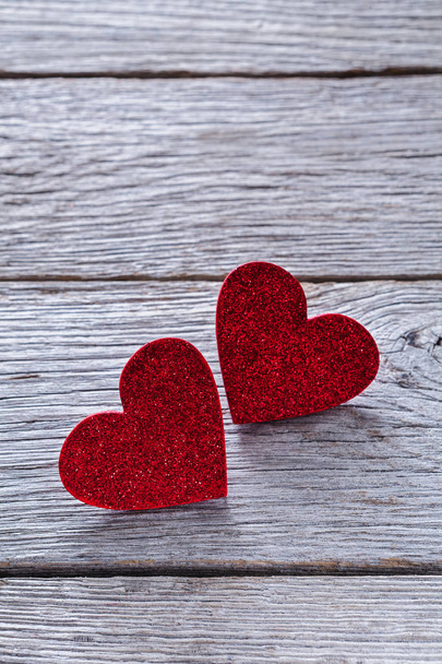 Valentine day background, handmade hearts on wood with copy space - Φωτογραφία, εικόνα